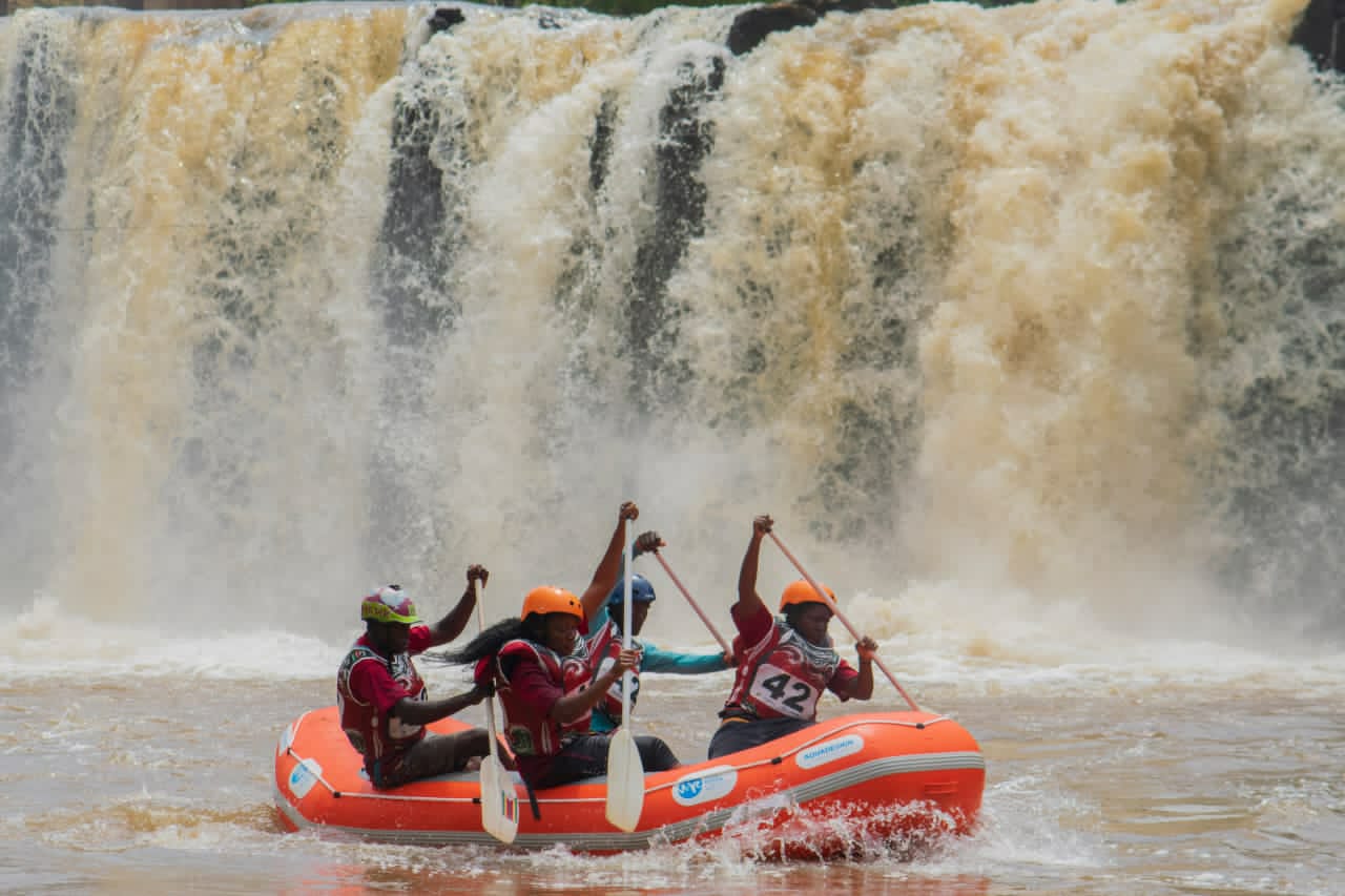 Team Uganda navigating a waterfall drop at the Rafting World Cup Series 2026